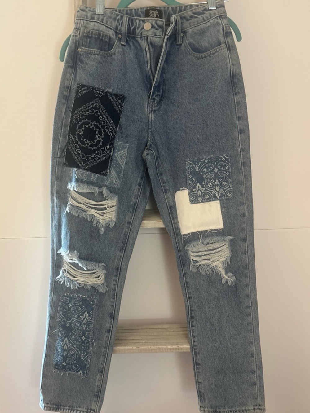 Women’s 25/1 Distressed Patchwork Jeans bandana boyfriend high rise Straight leg